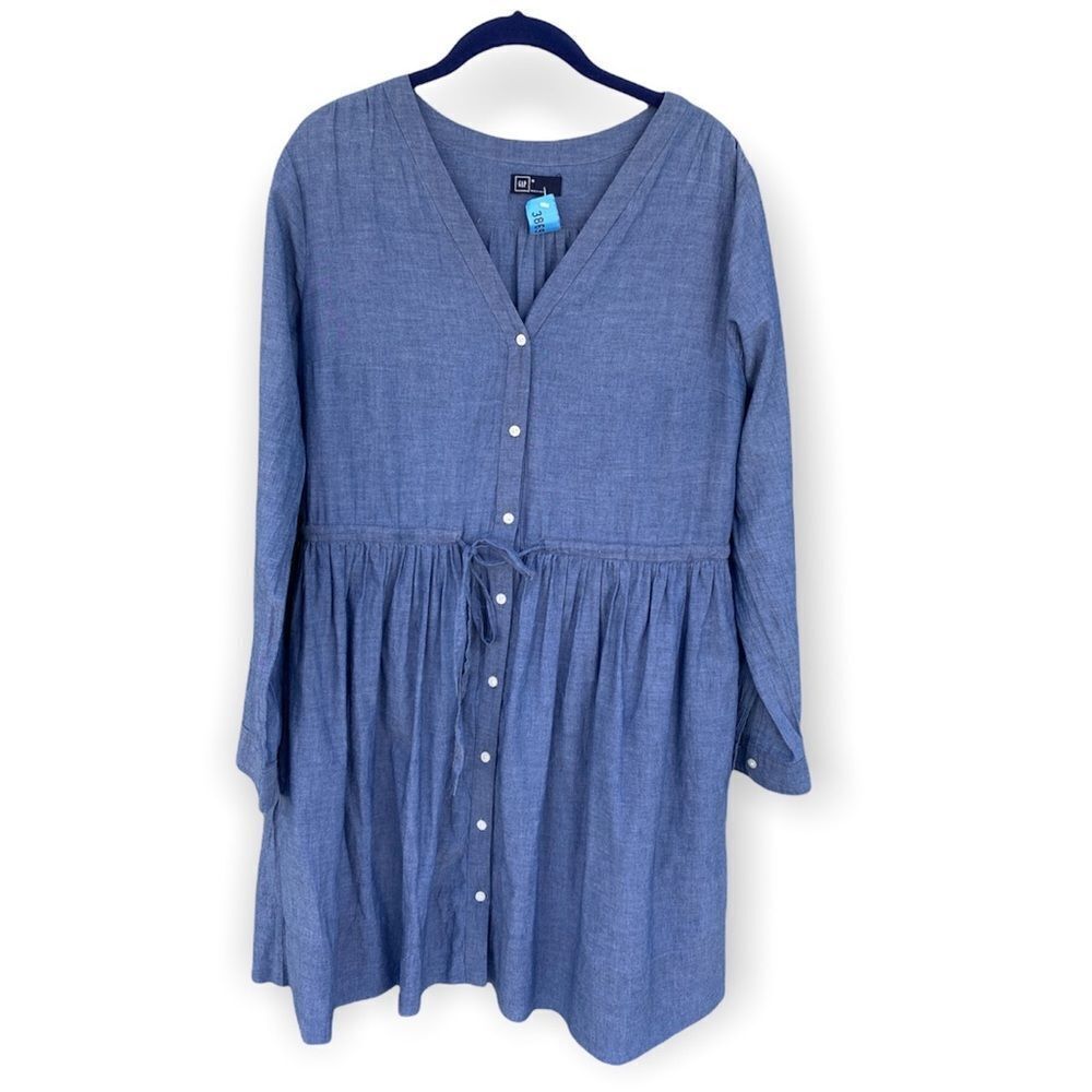 GAP Sz 10 Long Sleeve Blue Button Down Shirt Pocket Dress